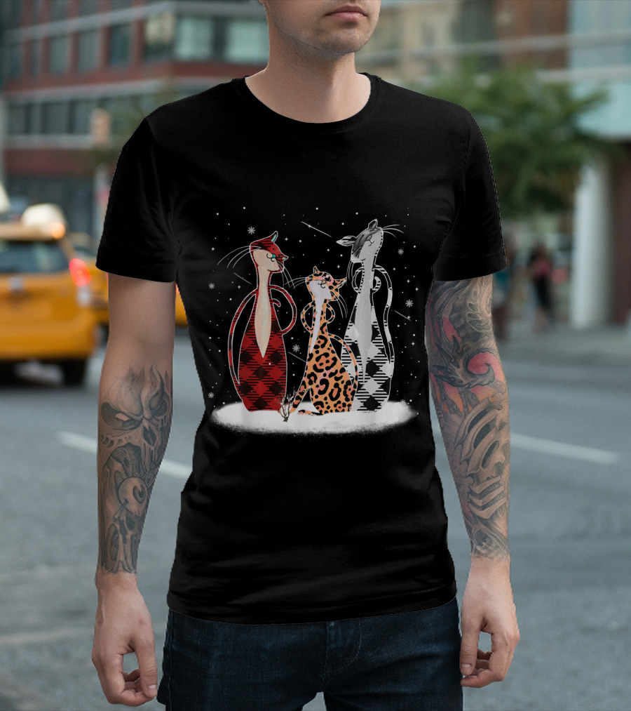 Leopard Buffalo Plaid Cat Trio For Cat Lovers T-Shirt