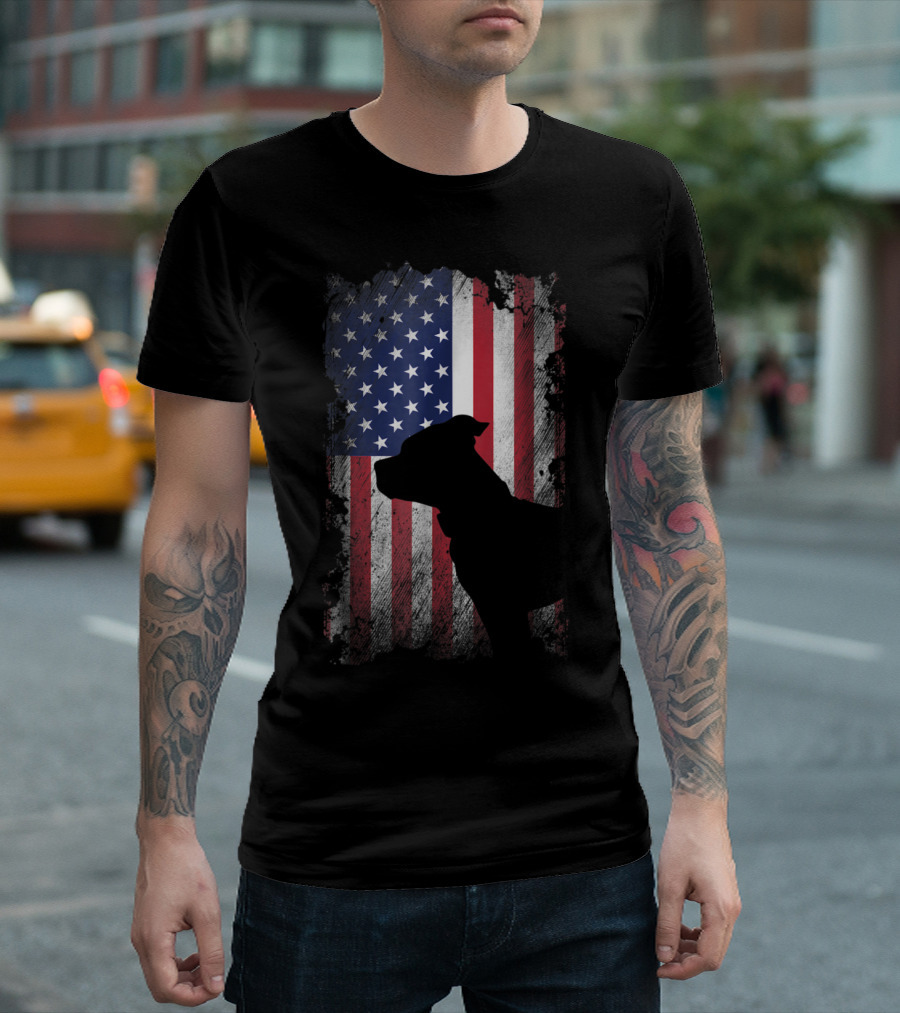 American Pit Bull Terrier Silhouette Over USA Flag Patriotic Dog T-Shirt