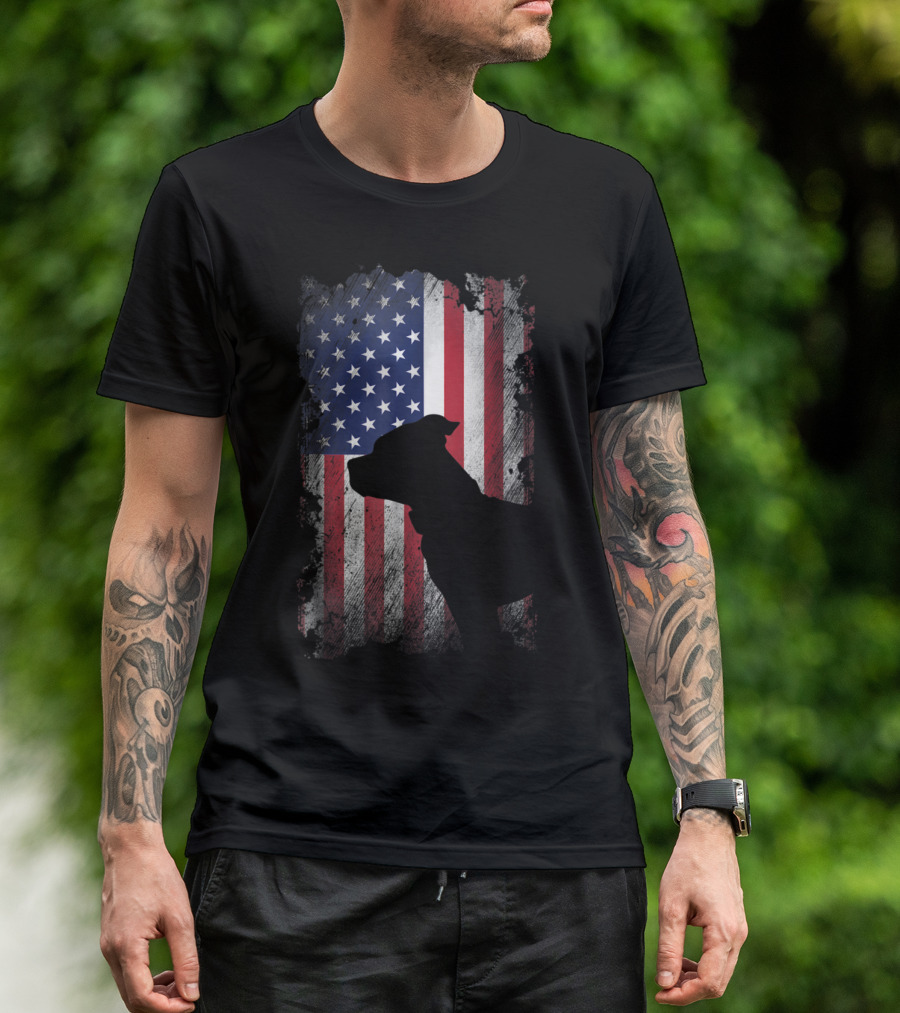 American Pit Bull Terrier Silhouette Over USA Flag Patriotic Dog T-Shirt