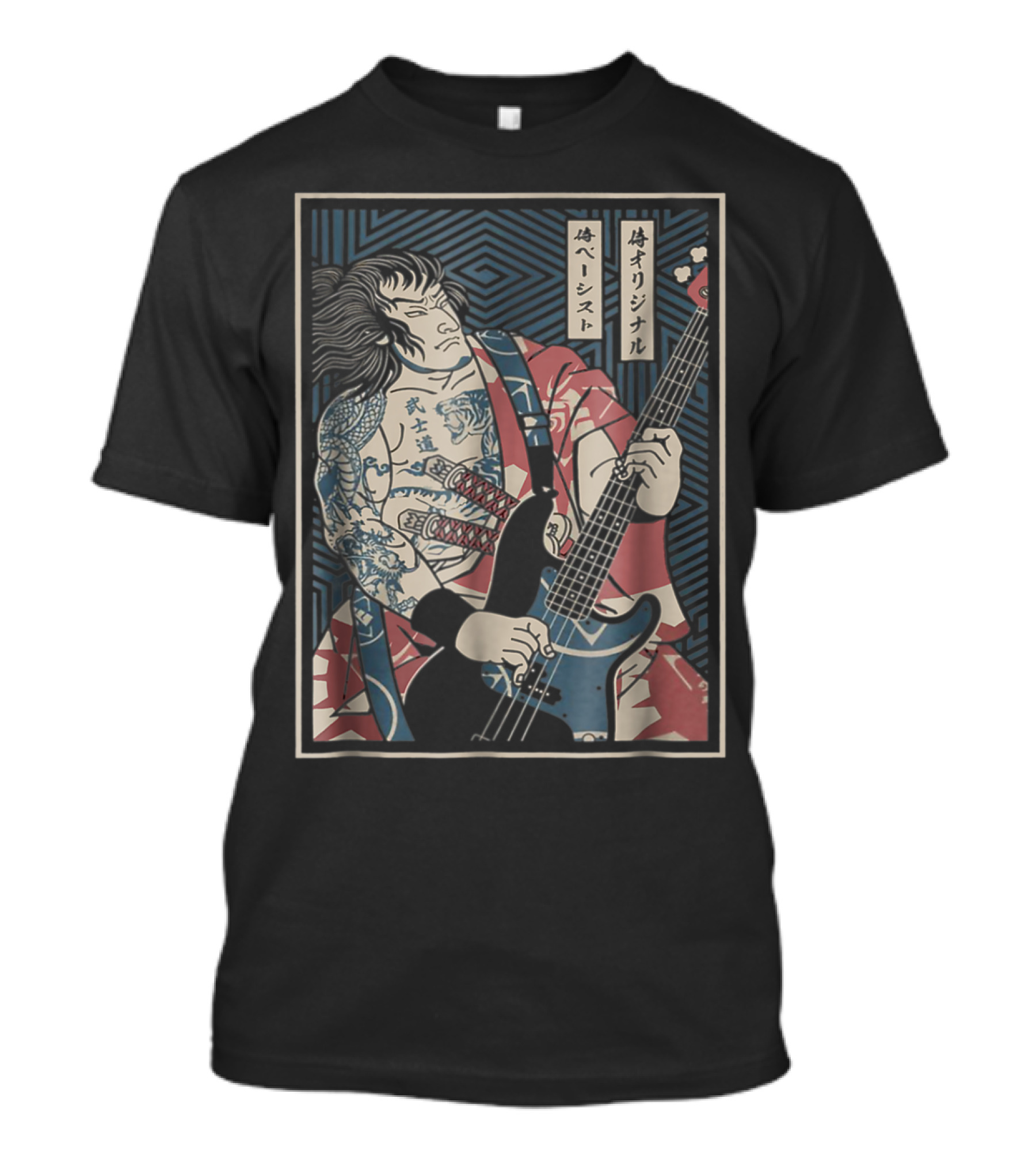 Bassist Samurai Bassist Funny Bass Guitar Player Sayi Ukiyo-e Style Tattoo T-Shirt