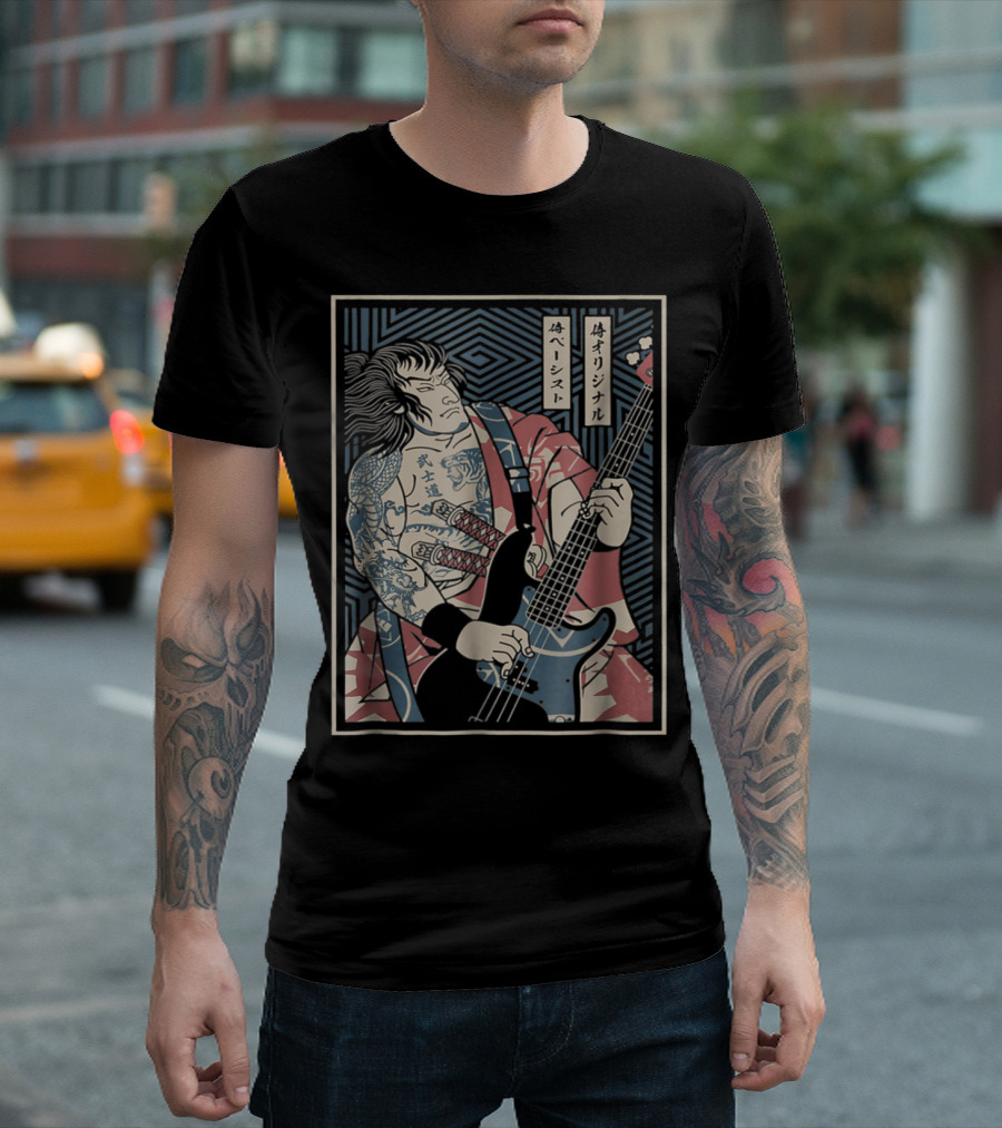 Bassist Samurai Bassist Funny Bass Guitar Player Sayi Ukiyo-e Style Tattoo T-Shirt