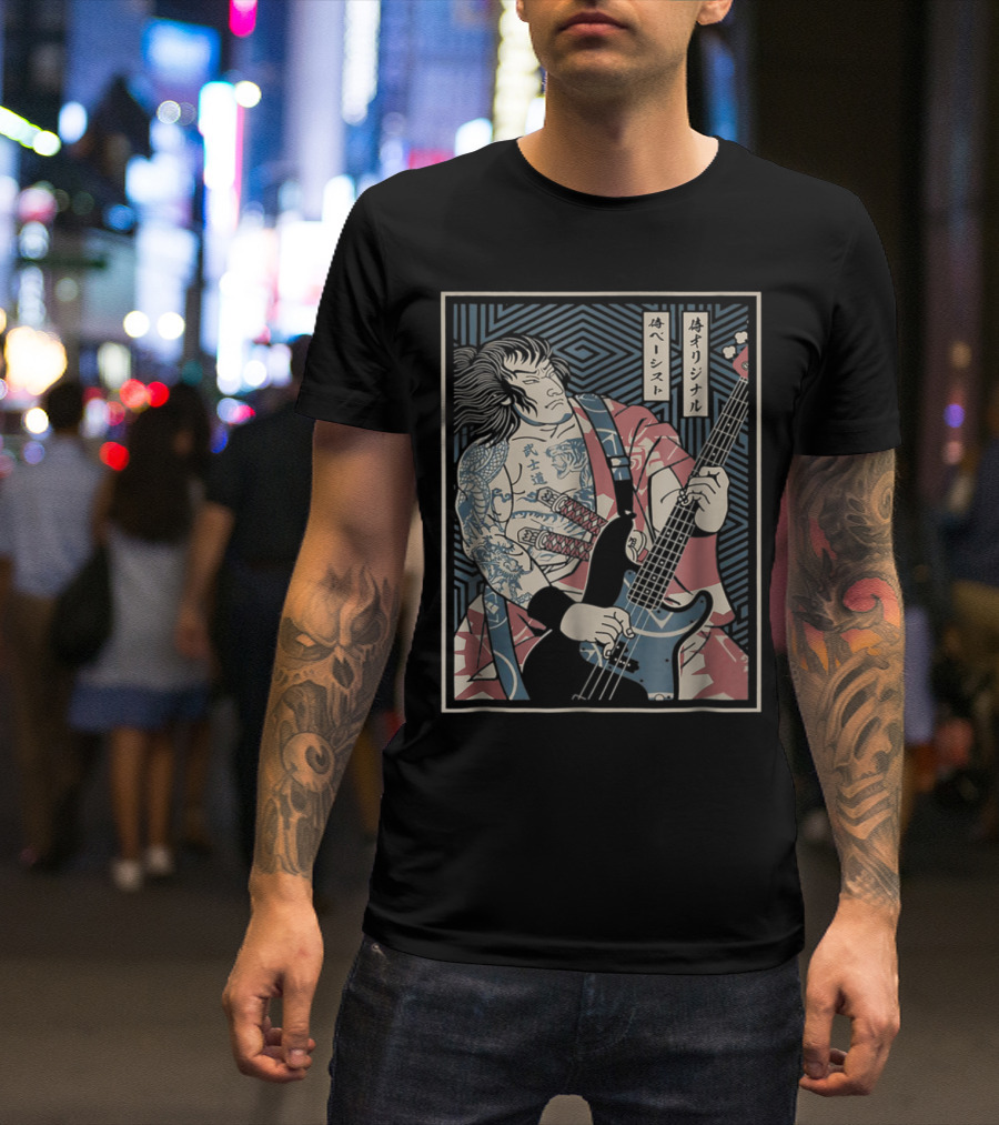 Bassist Samurai Bassist Funny Bass Guitar Player Sayi Ukiyo-e Style Tattoo T-Shirt
