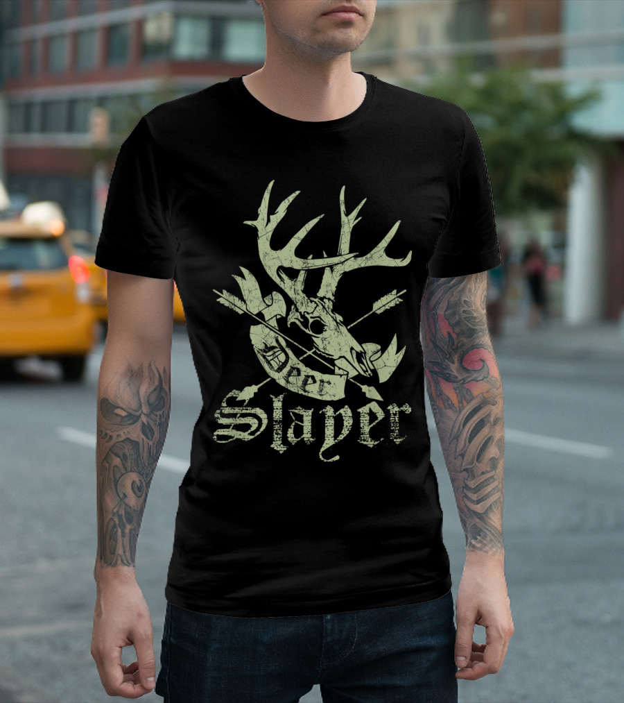 Deer Slayer Hunting Antler Skull with Arrows Buck Hunter Killer Cool T-Shirt