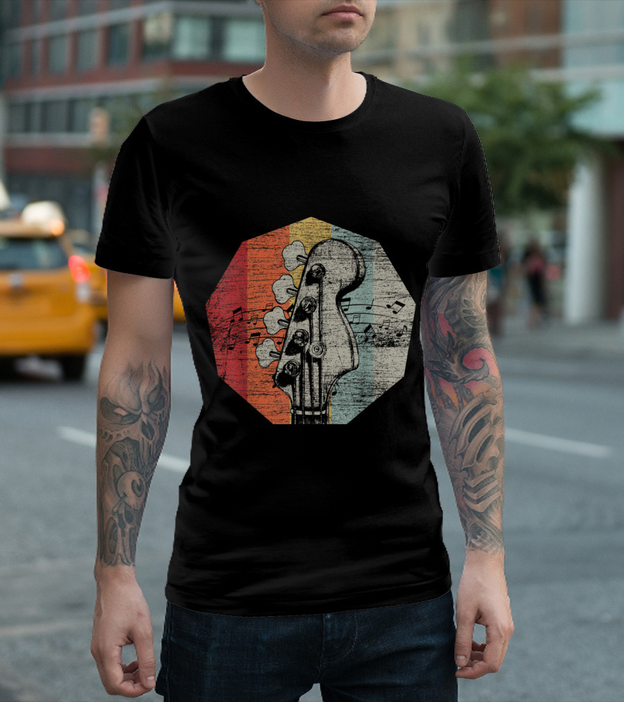 Retro Striped Bass Guitar Headstock with Music Notes T-Shirt