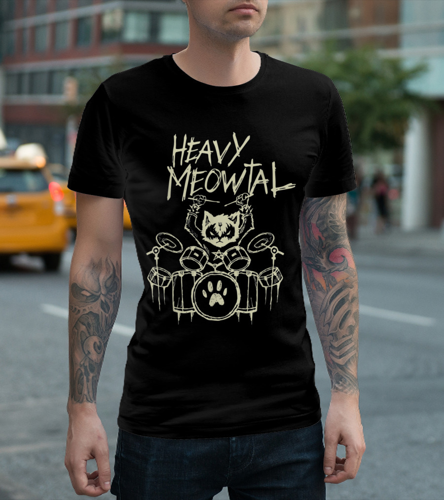 Heavy Metal Headbanger Drummer Cat Heavy Meowtal T-Shirt