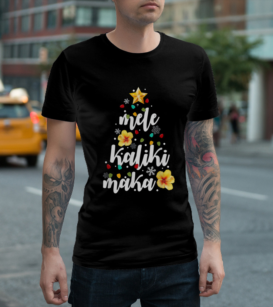 Mele Kalikimaka Hawaiian Hawaii Christmas Tree Hibiscus Flowers T-Shirt