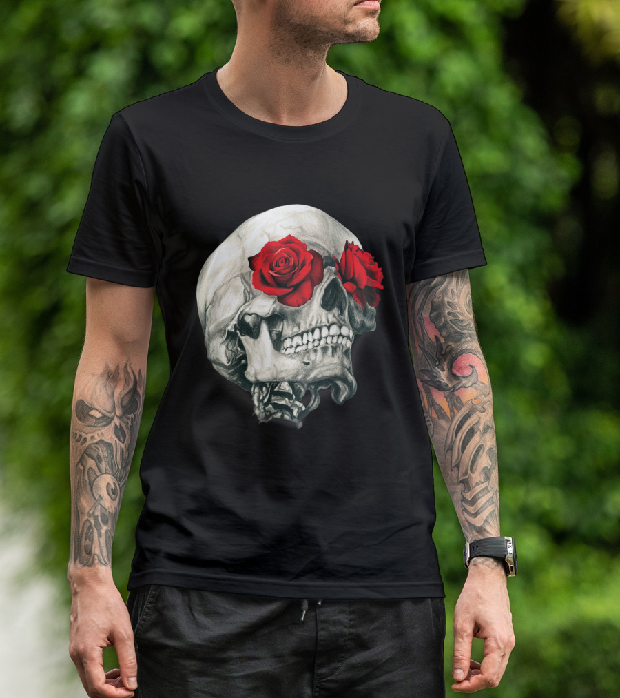 Skull Roses Cool Skulls Flowers Rockers Red Rose Skull T-Shirt