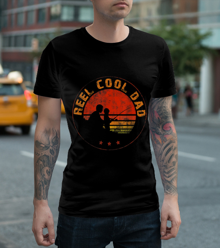 Reel Cool Dad Fishing Silhouette Sunset Scene T-Shirt