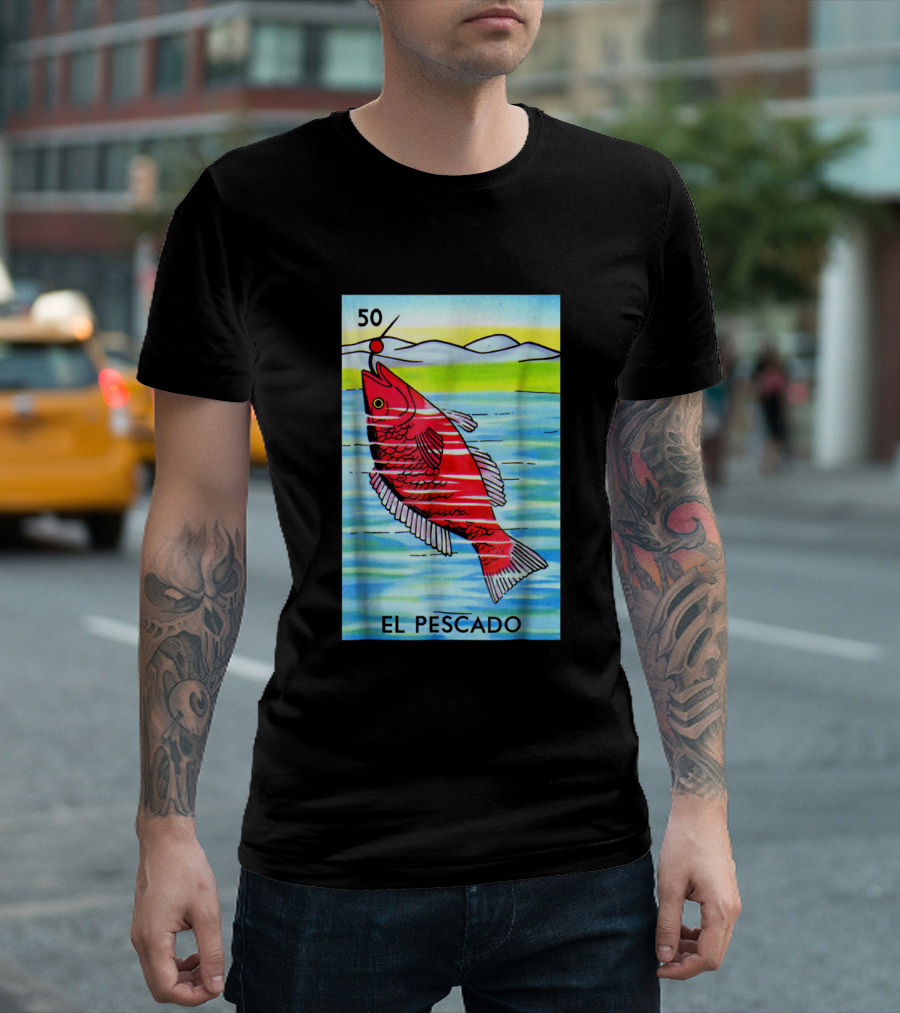 Mexican Loteria Card El Pescado 50 Fishing Scene T-Shirt