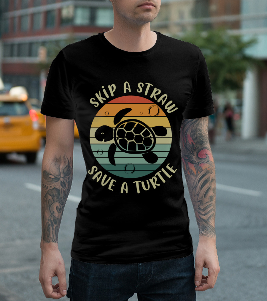 Skip A Straw Save A Turtle Retro Sunset Sea Turtle T-Shirt