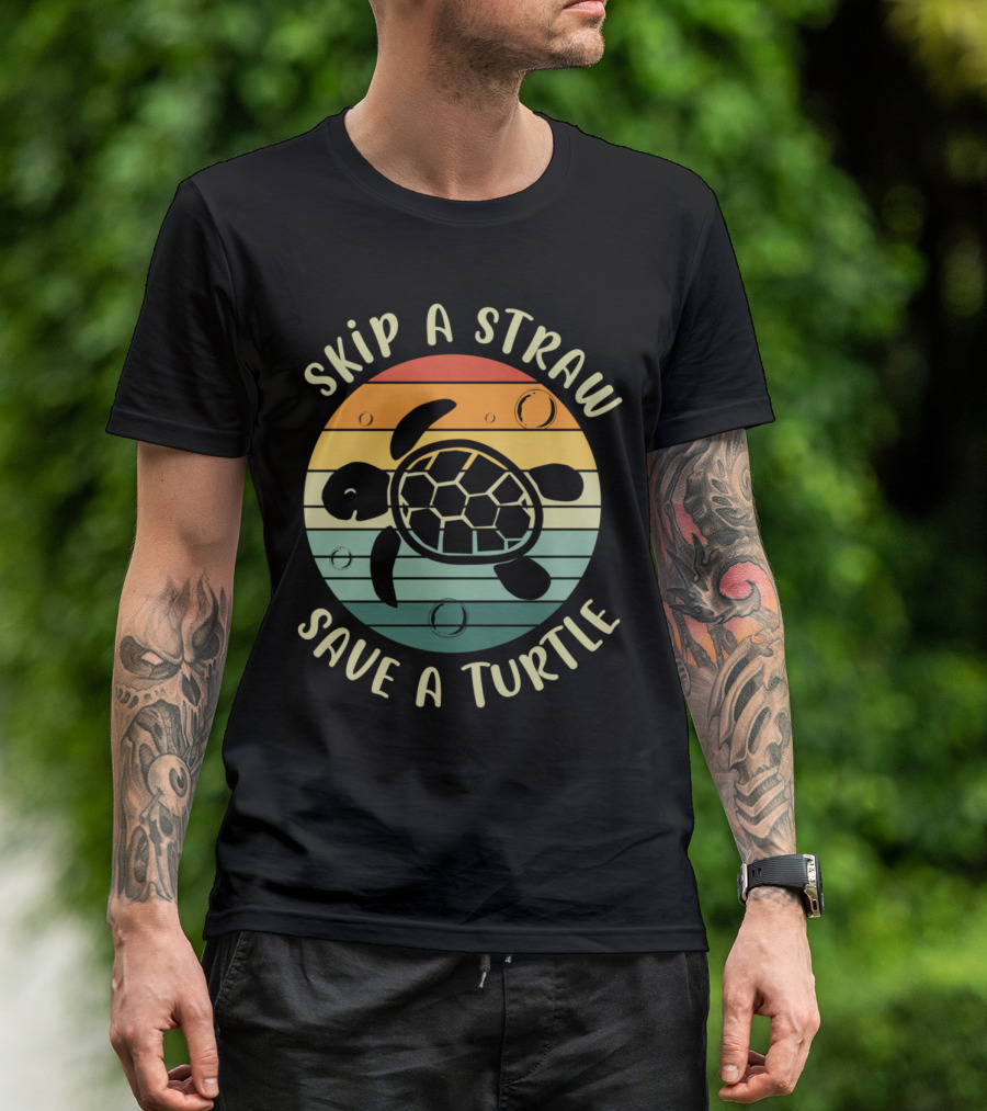 Skip A Straw Save A Turtle Retro Sunset Sea Turtle T-Shirt