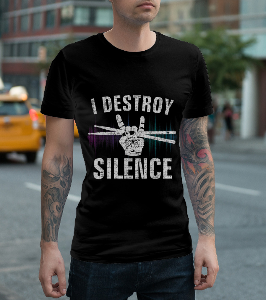 Vintage I Destroy Silence Drums Funny Drummer Hand Gesture With Drumsticks T-Shirt