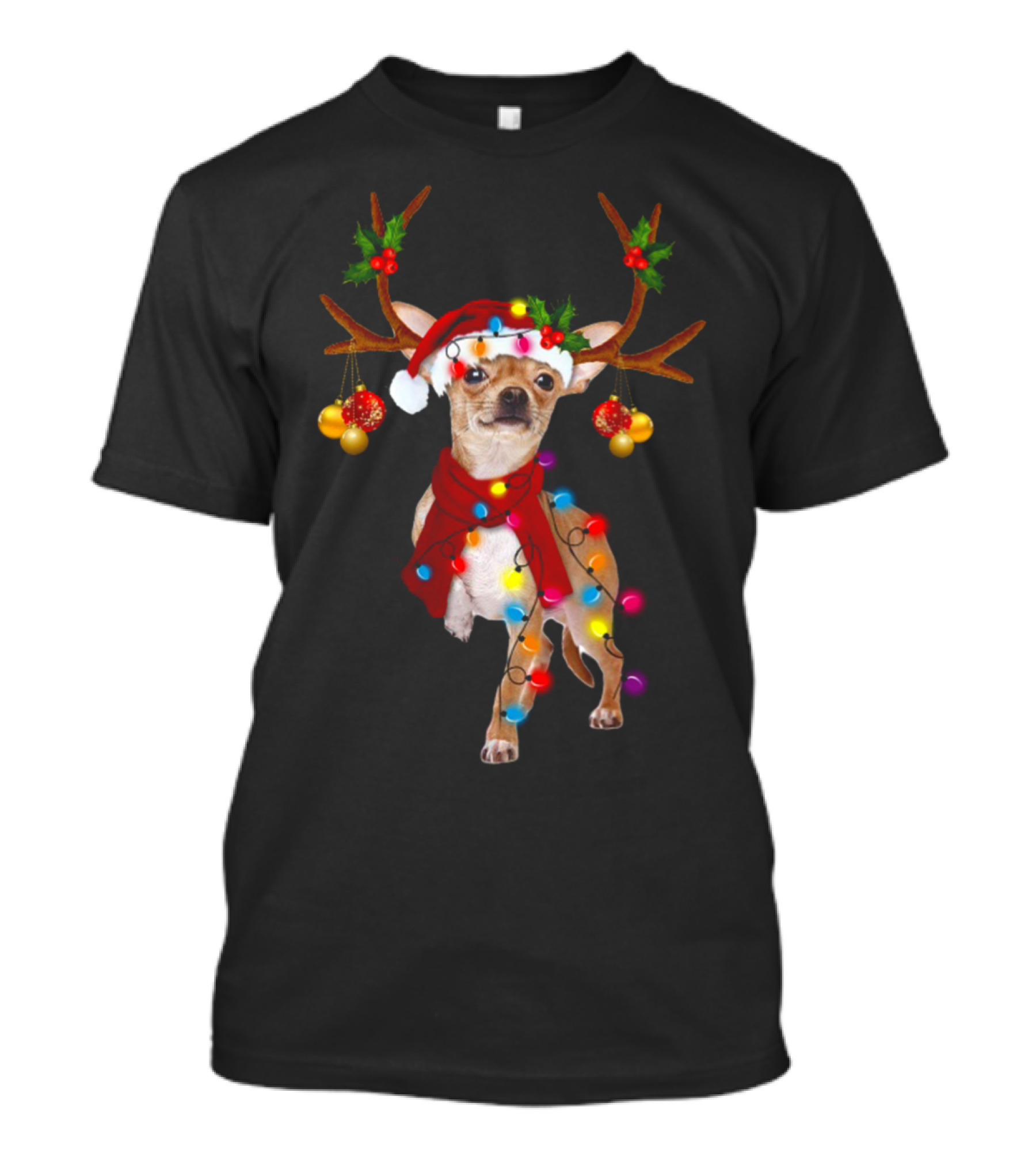 Funny Chihuahua Reindeer With Christmas Lights And Santa Hat T-Shirt