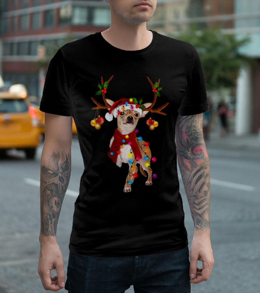 Funny Chihuahua Reindeer With Christmas Lights And Santa Hat T-Shirt