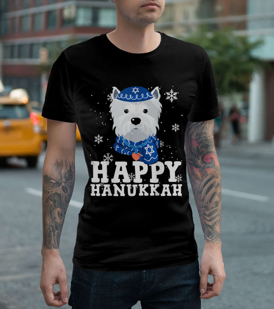 Happy Hanukkah West Highland White Terrier Dog with Snowflakes and Star of David T-Shirt