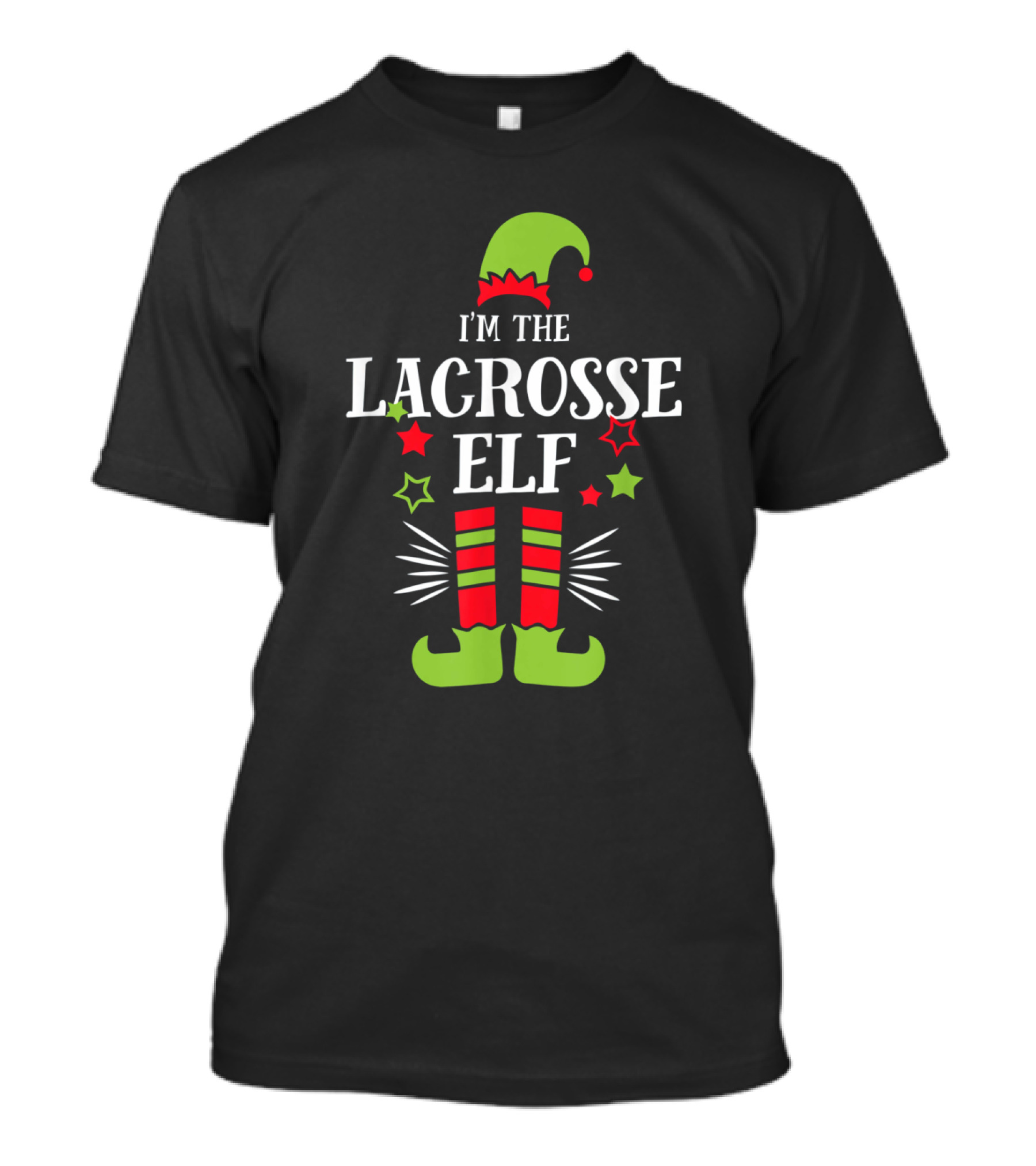 I'm The Lacrosse Elf Holiday Season Theme With Green And Red Elf Hat And Striped Socks T-Shirt