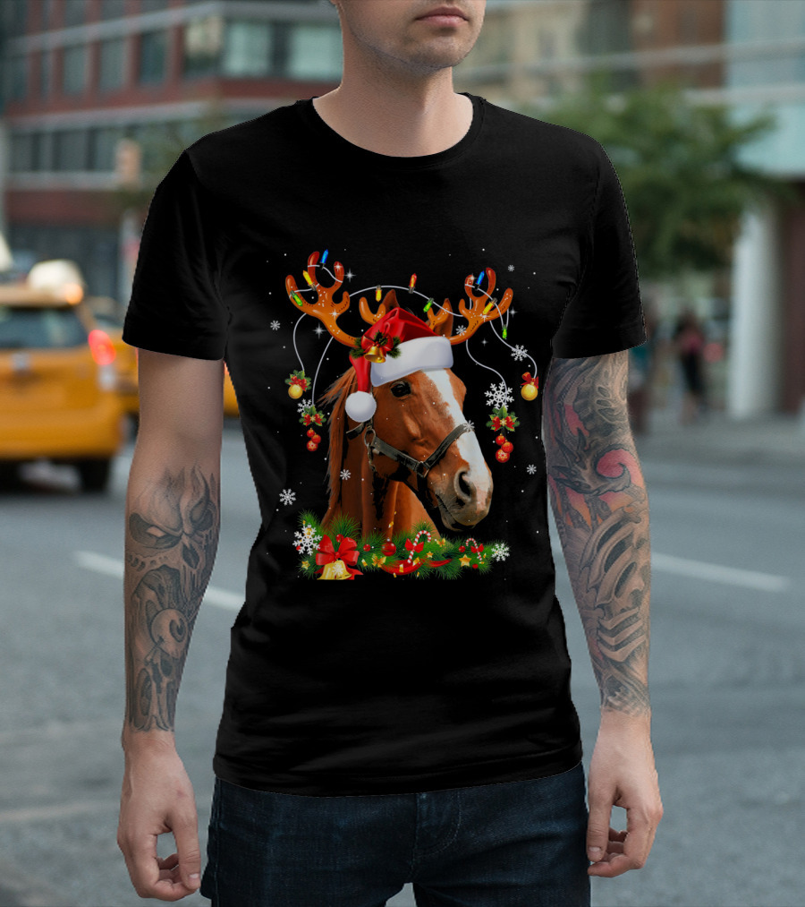 Funny Horse with Christmas Santa Hat Reindeer Antlers and Lights T-Shirt