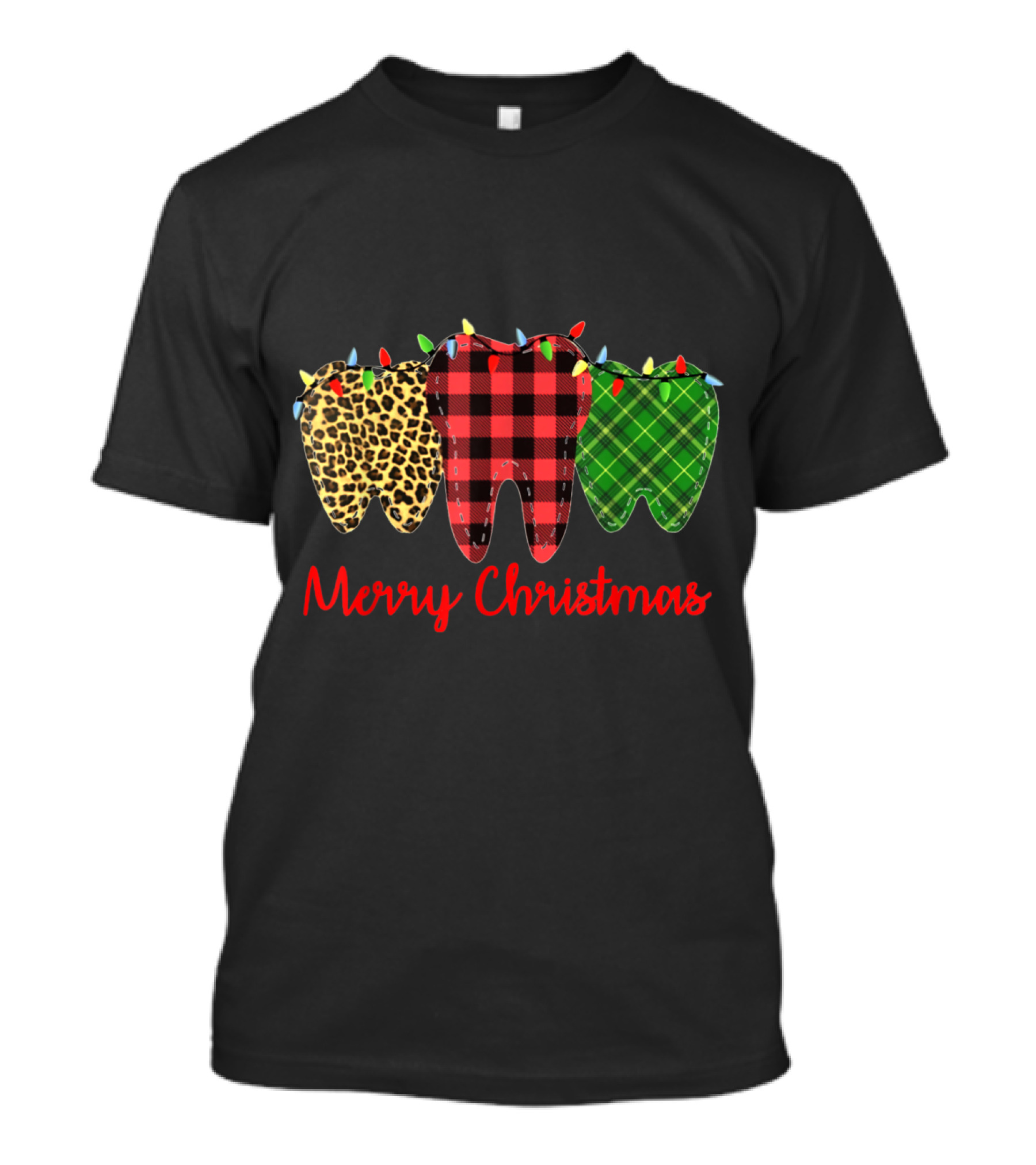 Merry Christmas Dental Assistant Tooth Plaid Leopard Xmas Lights T-Shirt