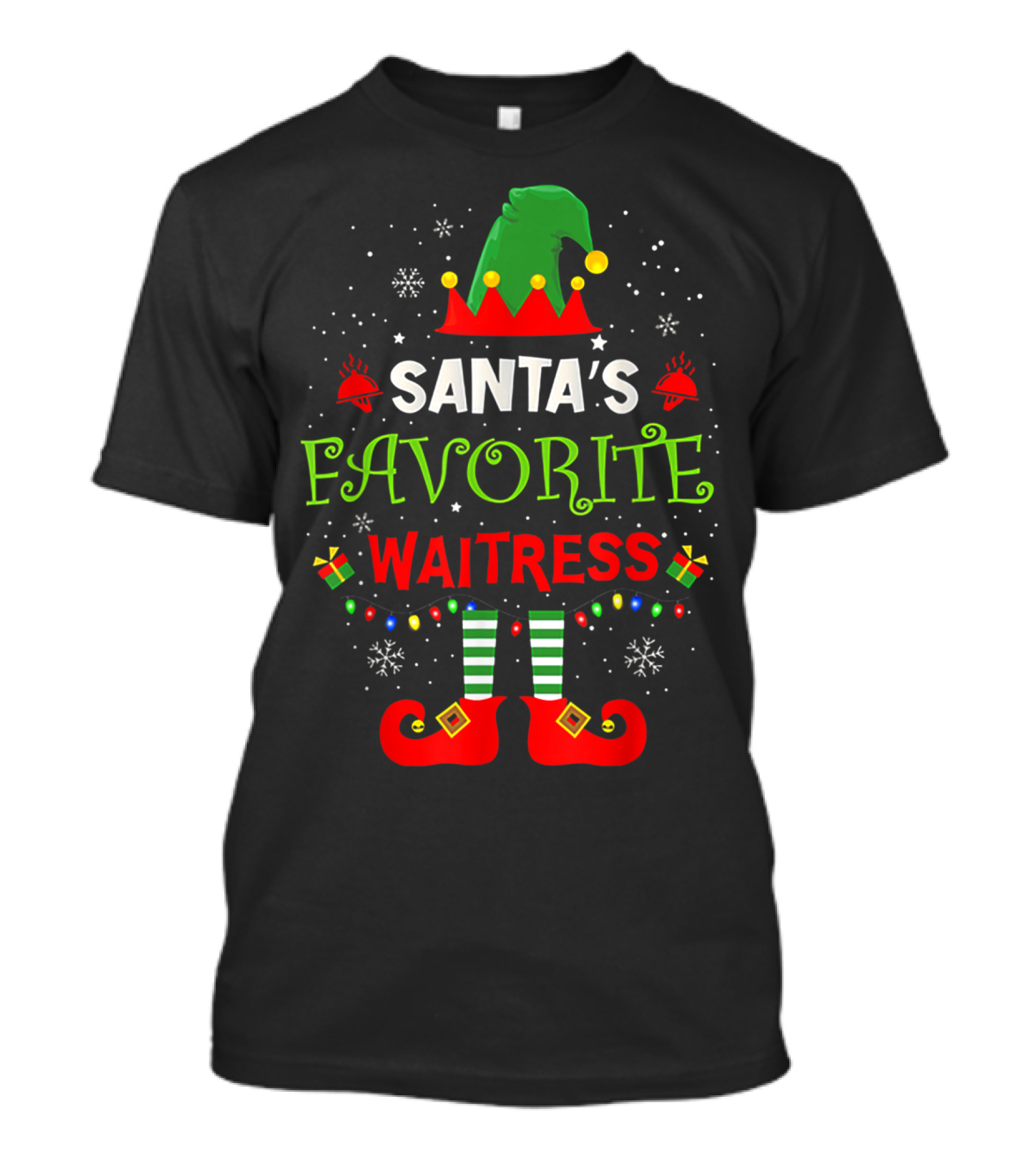 Santa's Favorite Waitress Elf Holiday Cheer With Green Hat And Red Boots T-Shirt