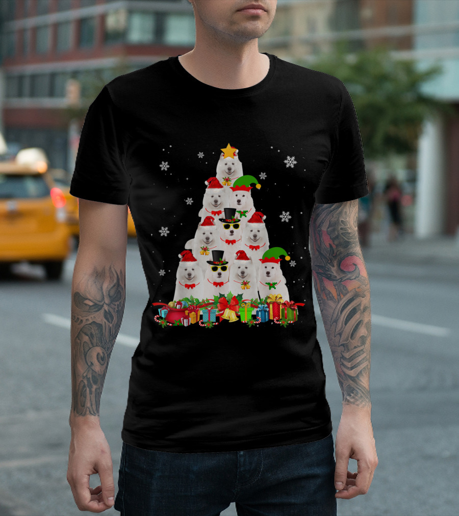 Samoyed Christmas Tree with Santa Hats Snowflakes and Presents T-Shirt