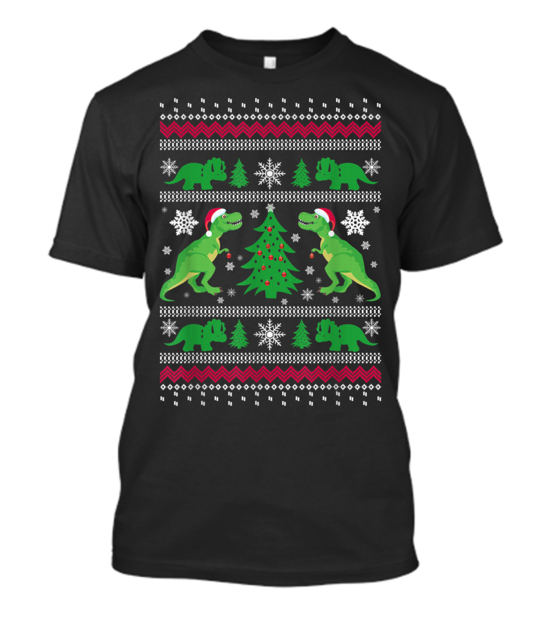 Ugly Christmas Dinosaur T-Rex Xmas Sweater With Santa Hats And Snowflakes T-Shirt