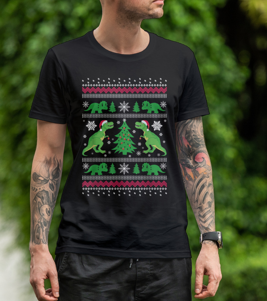 Ugly Christmas Dinosaur T-Rex Xmas Sweater With Santa Hats And Snowflakes T-Shirt