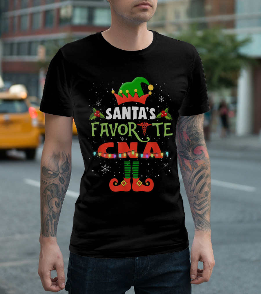 Santa's Favorite CNA Christmas Light Elf Hat Holly Candy Cane Snowflakes T-Shirt