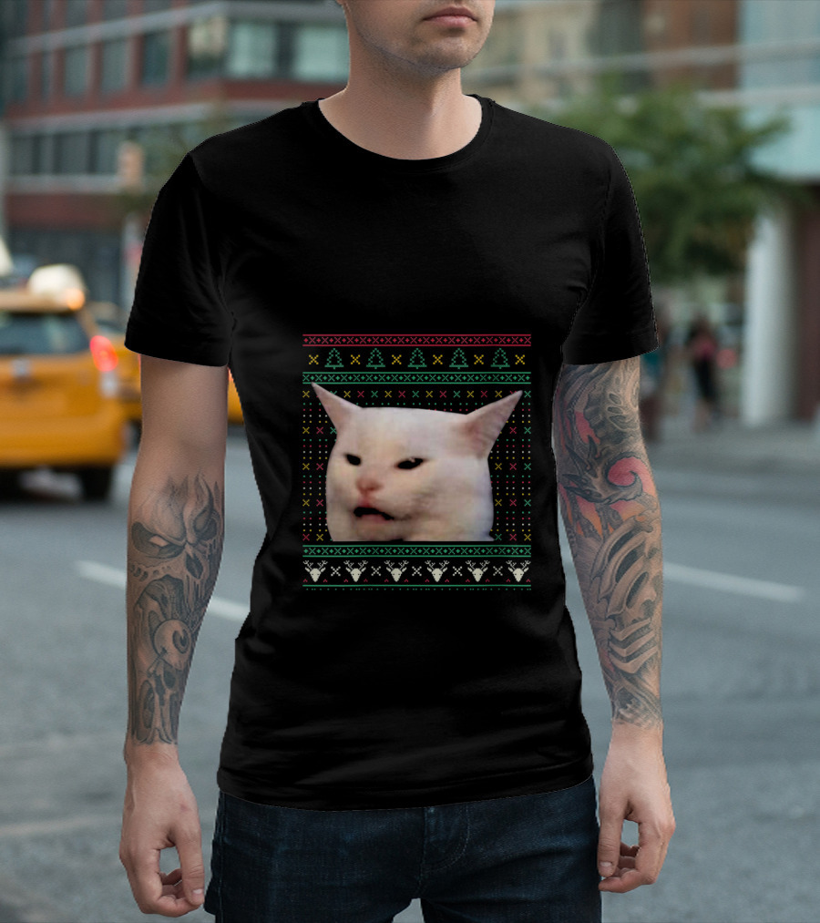 Woman Yelling at a Cat Ugly Xmas Sweaters Funny Meme Face T-Shirt