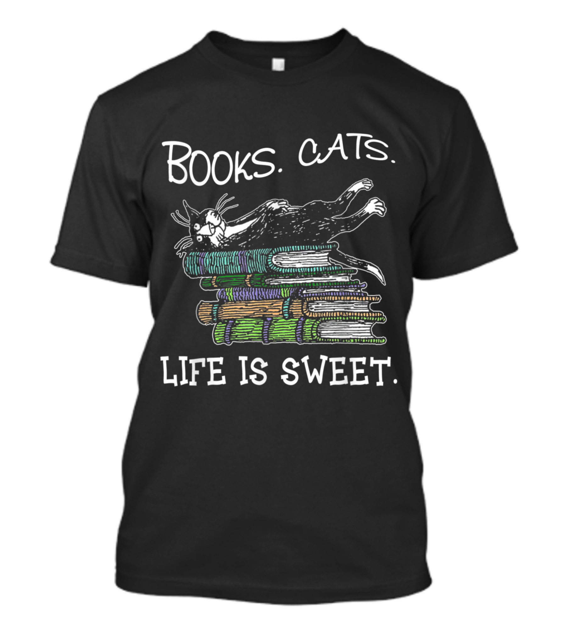 Books Cats Life Is Sweet Funny Cat Relaxing On Colorful Stack T-Shirt