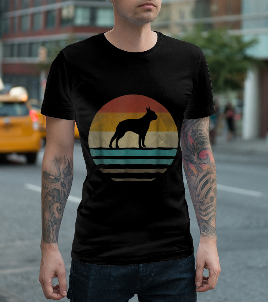 Boston Terrier Dog Retro 70s Breed Vintage Silhouette Stripes T-Shirt