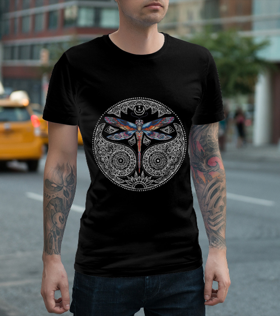 Magical Colorful Dragonfly Mandala Symbol in Intricate White Circular T-Shirt
