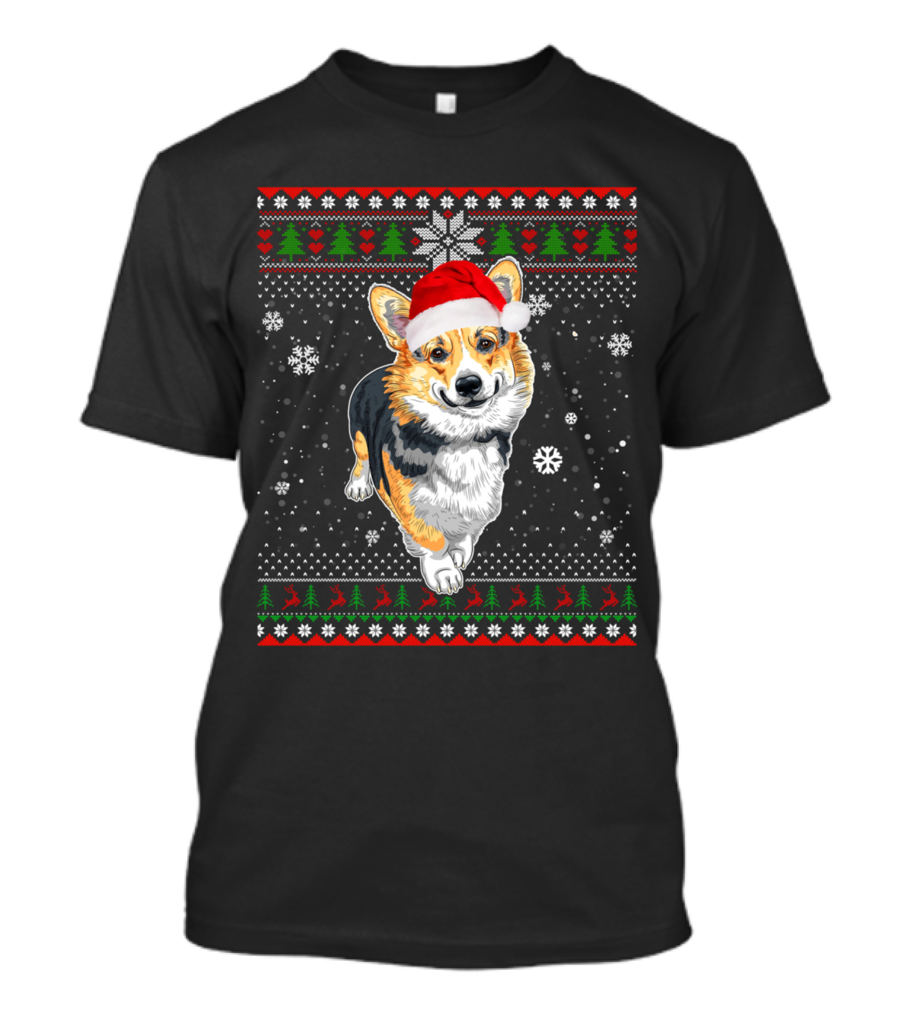 Merry Christmas Welsh Corgi Santa Hat Snowflakes Ugly T-Shirt