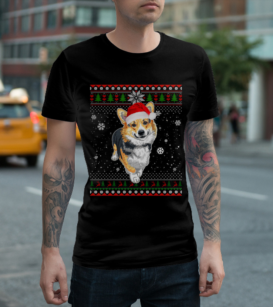 Merry Christmas Welsh Corgi Santa Hat Snowflakes Ugly T-Shirt