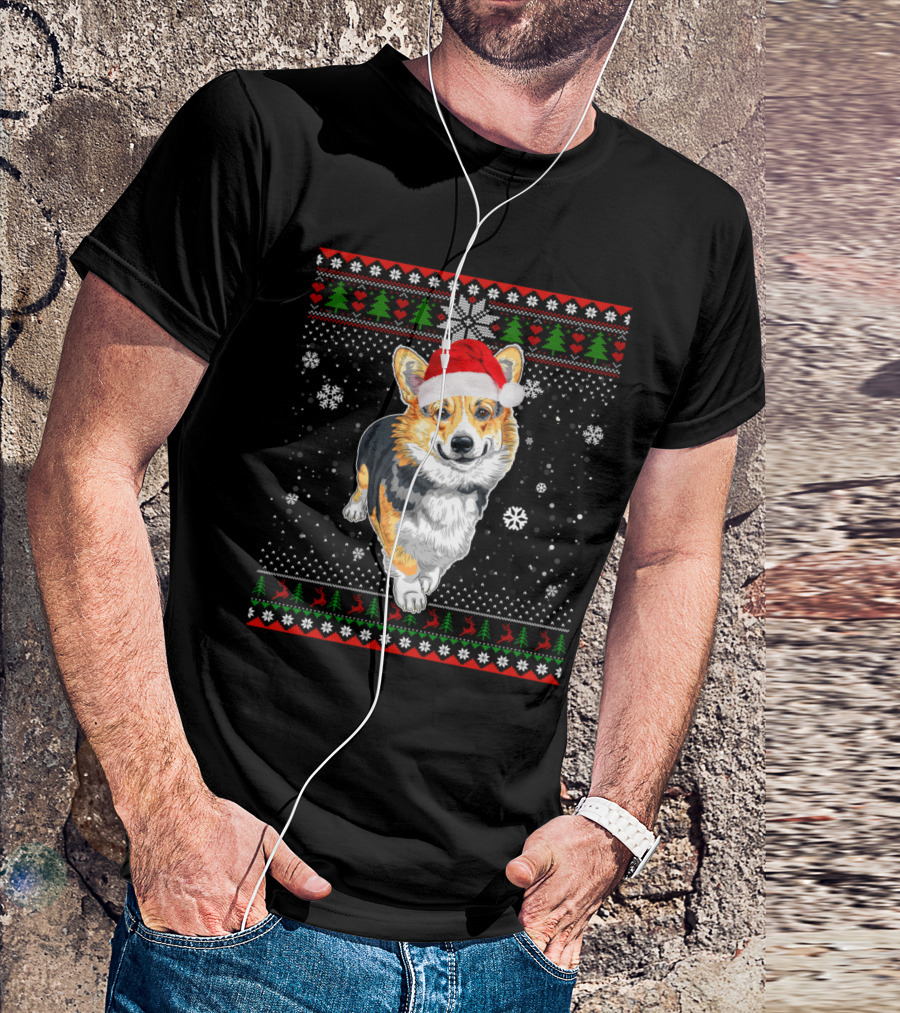 Merry Christmas Welsh Corgi Santa Hat Snowflakes Ugly T-Shirt