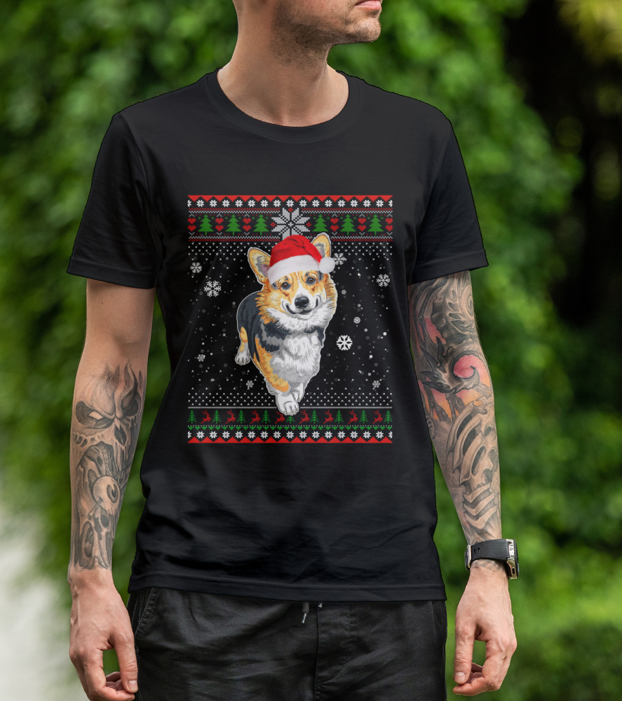 Merry Christmas Welsh Corgi Santa Hat Snowflakes Ugly T-Shirt