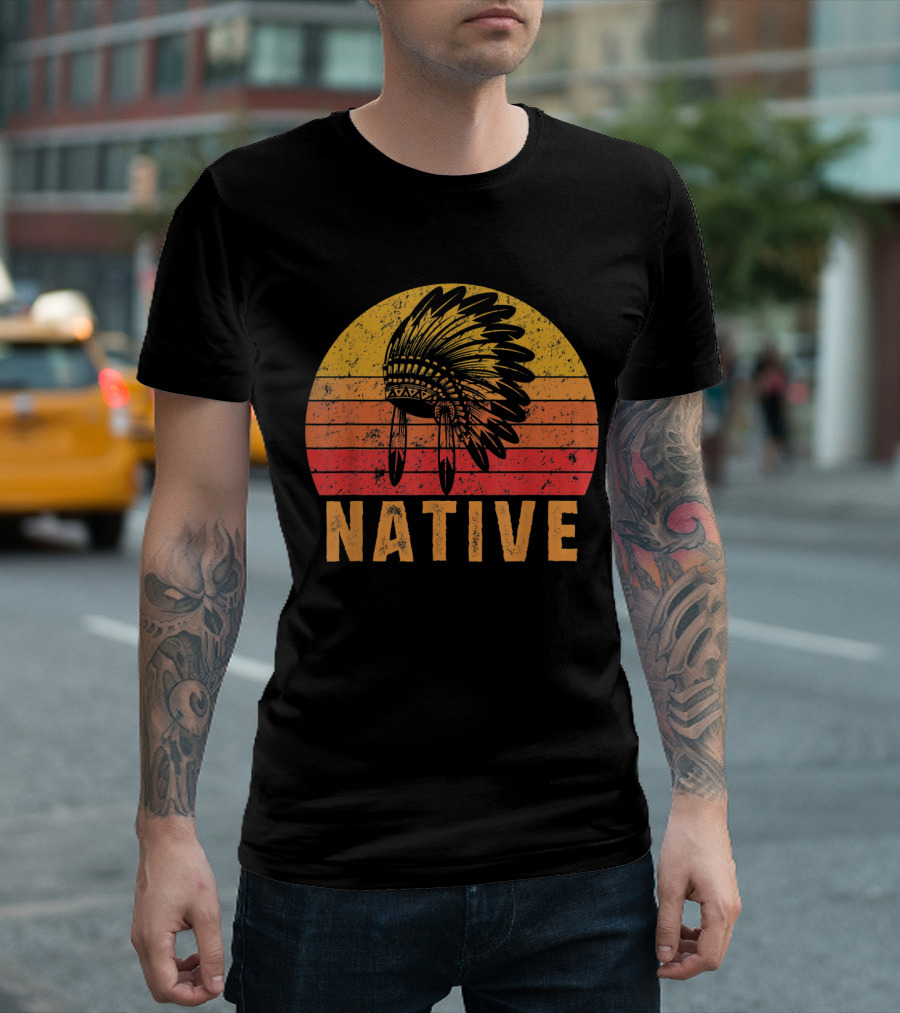 Native American Pride Vintage Native Indian Headdress Sunset T-Shirt