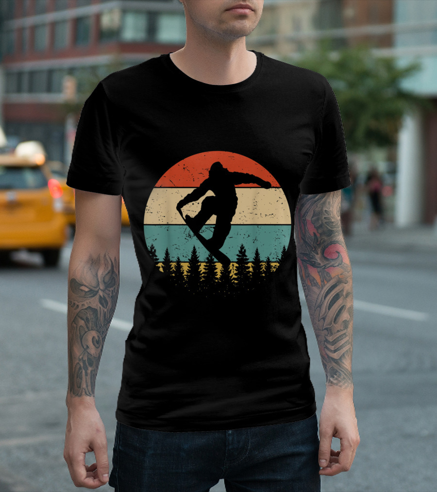 Retro Vintage Snowboarder Silhouette in Forest Sunset T-Shirt