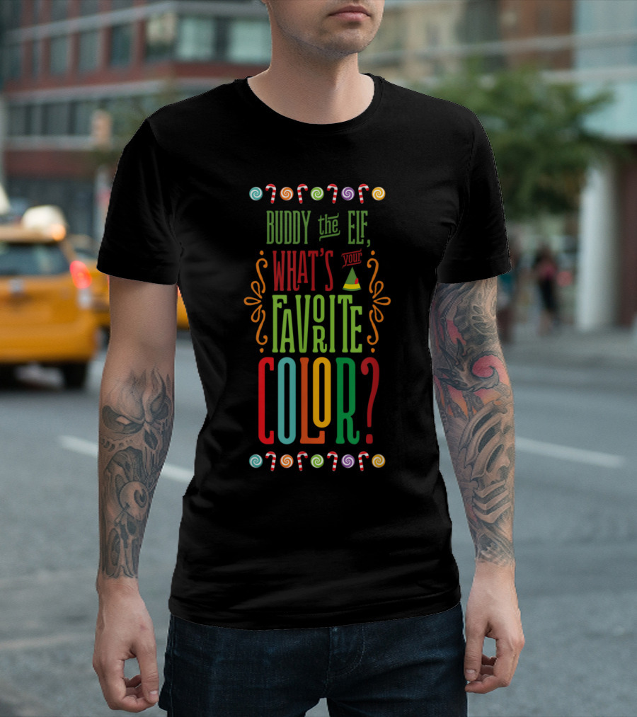 Buddy The Elf What's Your Favorite Color Christmas Candy Canes And Swirls T-Shirt