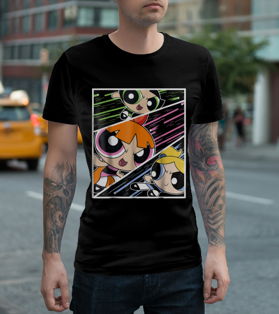 CN Powerpuff Girls Blossom Bubbles Buttercup Trio Action Panel T-Shirt