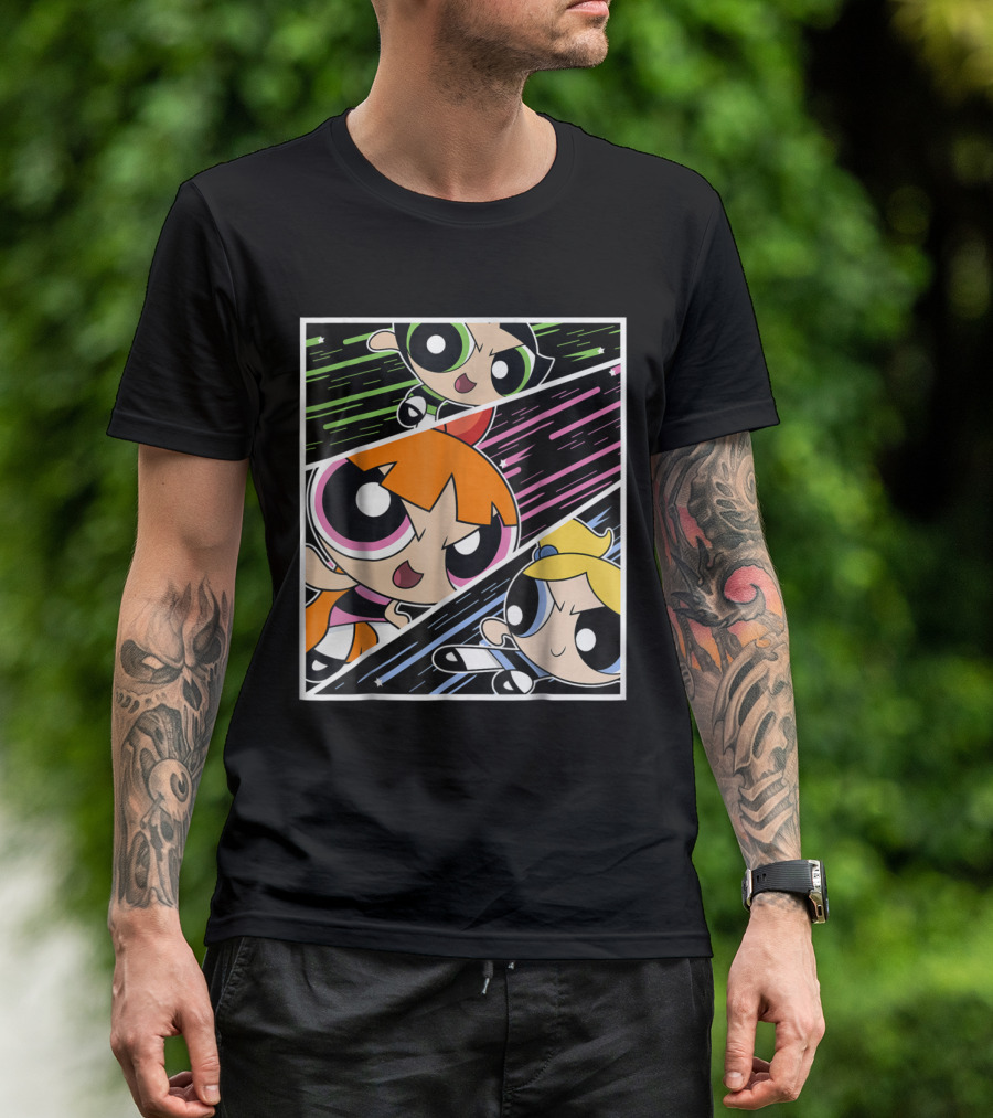 CN Powerpuff Girls Blossom Bubbles Buttercup Trio Action Panel T-Shirt