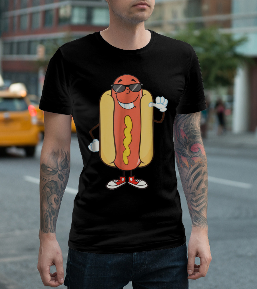 Dancing Hotdog with Sunglasses and Sneakers Funny Food T-Shirt