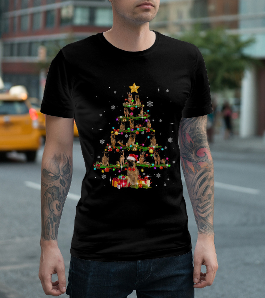 German Shepherd Christmas Tree with Santa Hat and Star T-Shirt