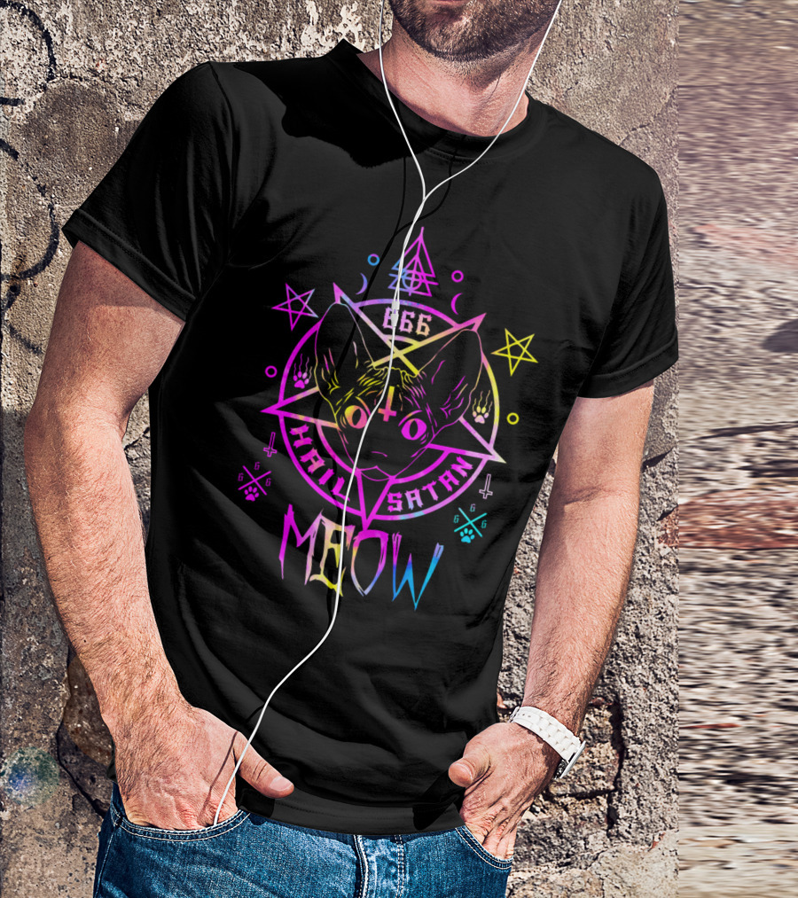 Hail Satan Meow 666 Demonic Sphynx Cat Pentagram Funny Cats T-Shirt