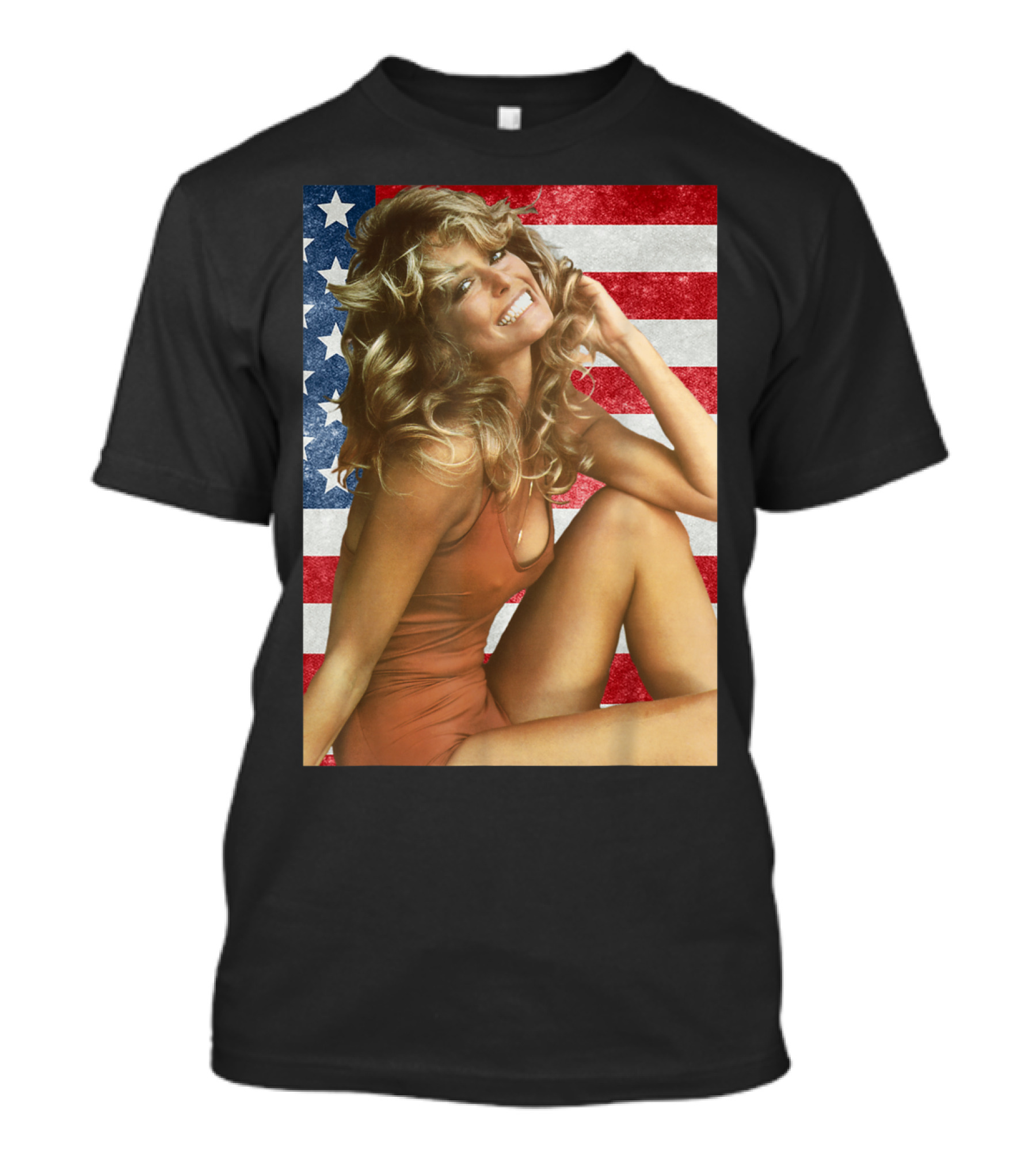 Farrah Fawcett Red Bathing Suit American Flag Background T-Shirt