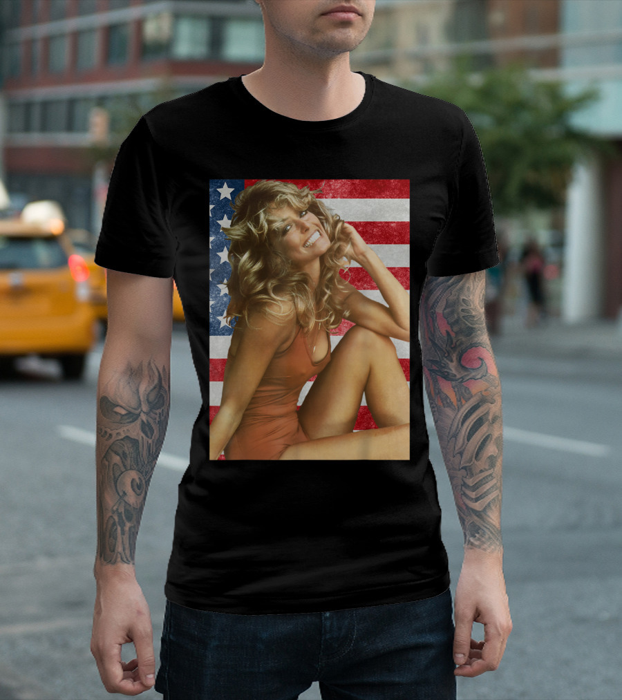 Farrah Fawcett Red Bathing Suit American Flag Background T-Shirt