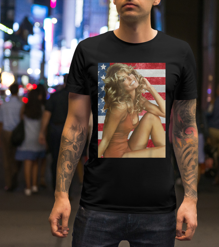 Farrah Fawcett Red Bathing Suit American Flag Background T-Shirt