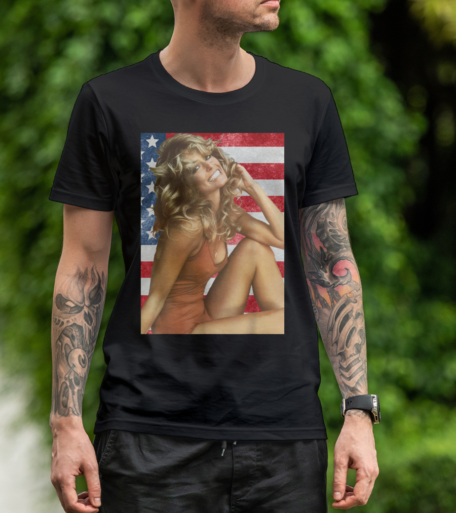 Farrah Fawcett Red Bathing Suit American Flag Background T-Shirt