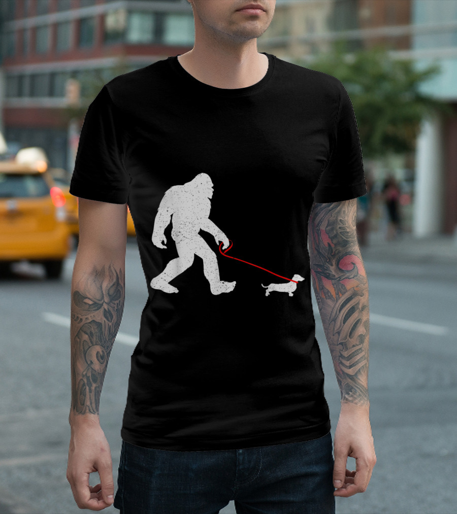 Funny Bigfoot Sasquatch Walking Dachshund Weiner Dog Vintage T-Shirt