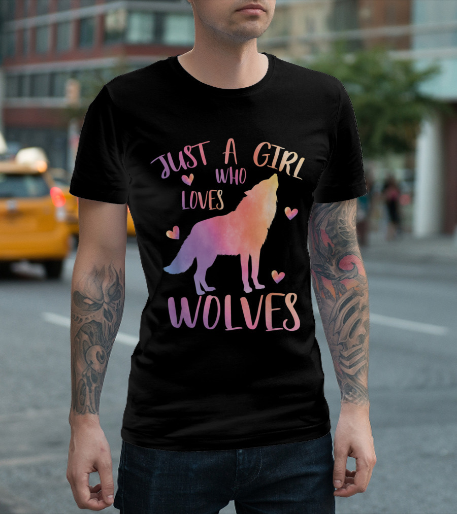 Just A Girl Who Loves Wolves Watercolor Wolf Hearts T-Shirt