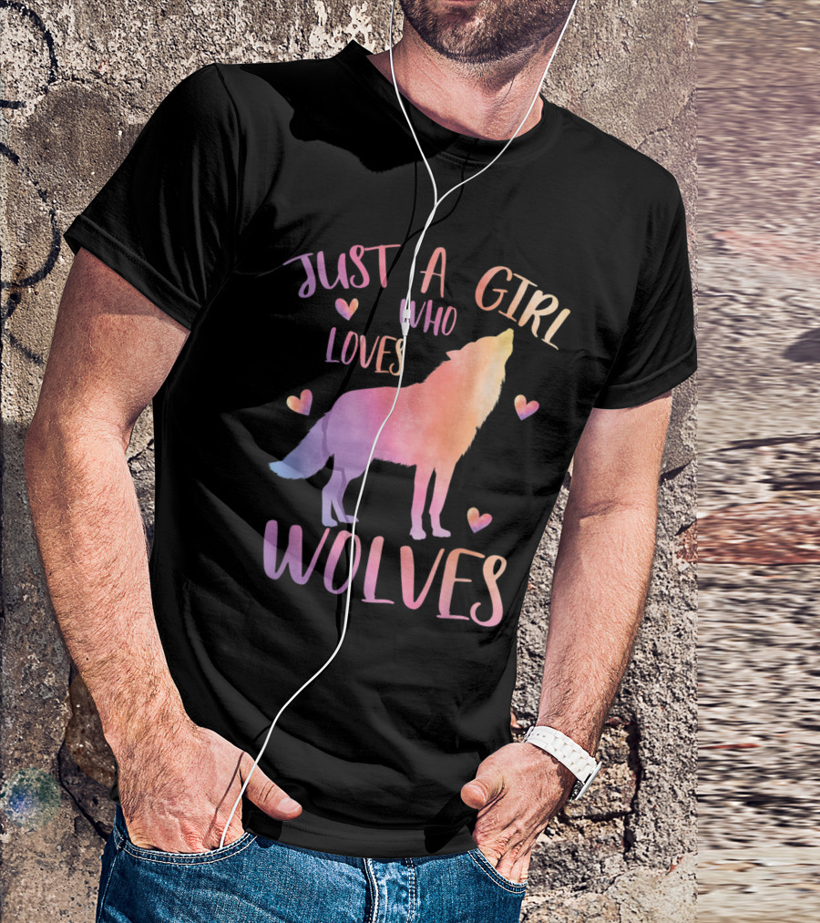 Just A Girl Who Loves Wolves Watercolor Wolf Hearts T-Shirt